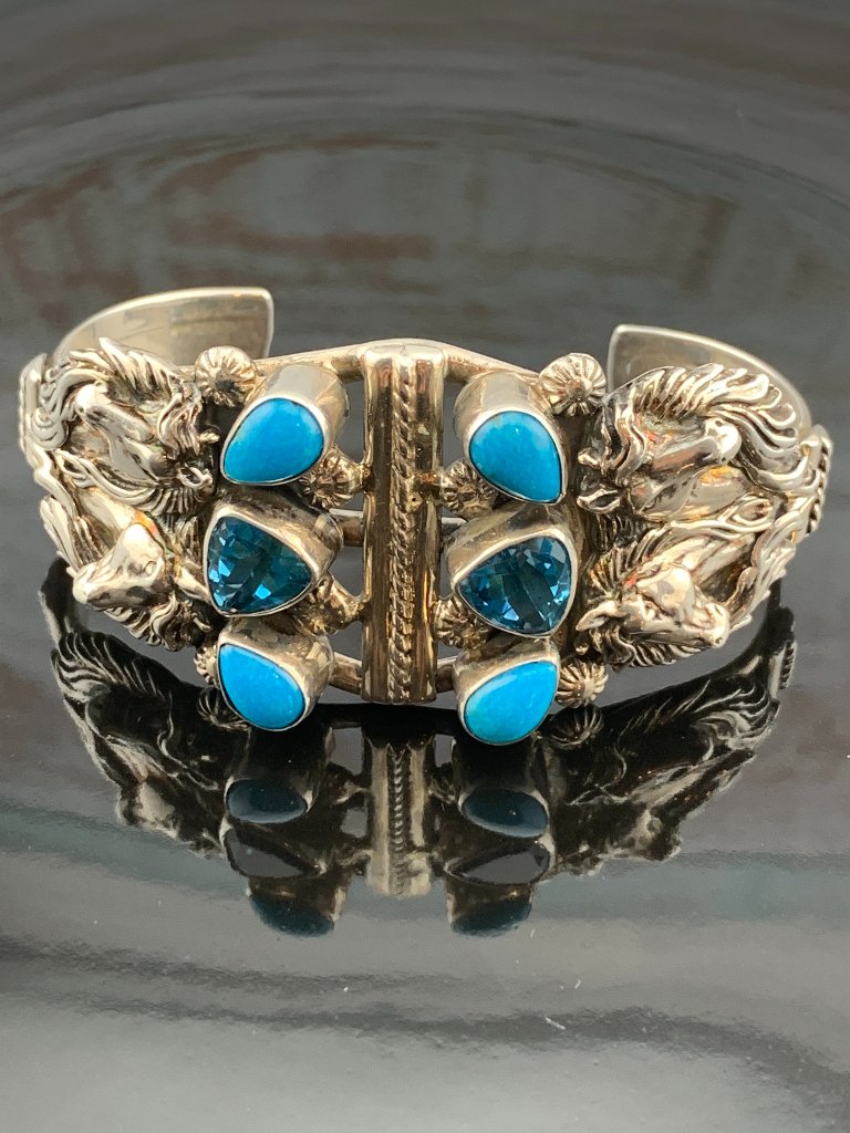 Horse Navajo Native American 925 Silver Turquoise Blue Topaz Running Bear J1424